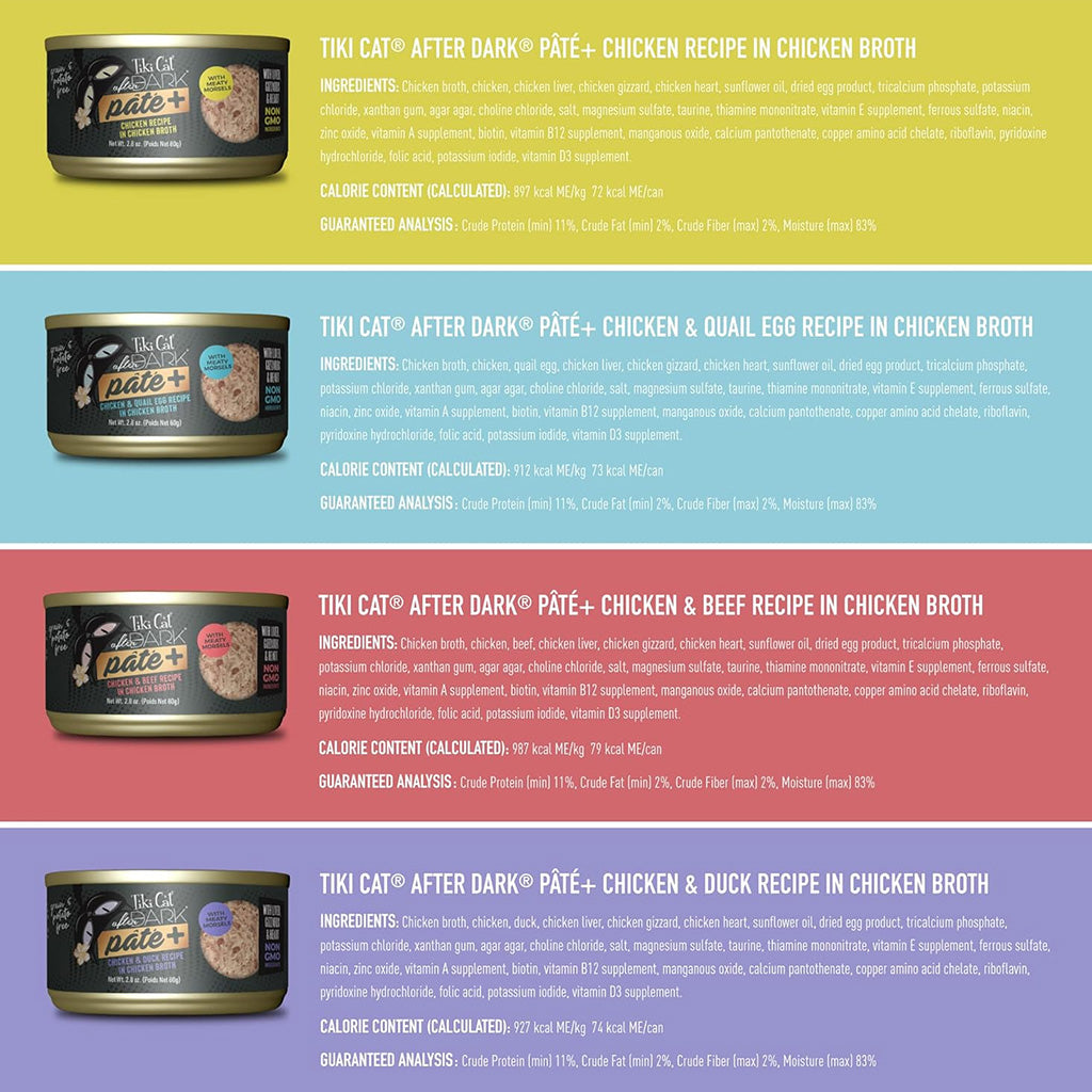 Showing variety of flavors in After Dark Pate+ Variety Pack Grain-Free Canned Food 2.8oz - 12 Pack