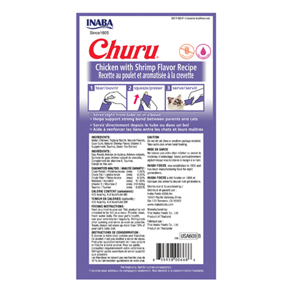 Back of Inaba Churu Chicken with Shrimp Recipe four-pack package showing ingredients and feeding directions