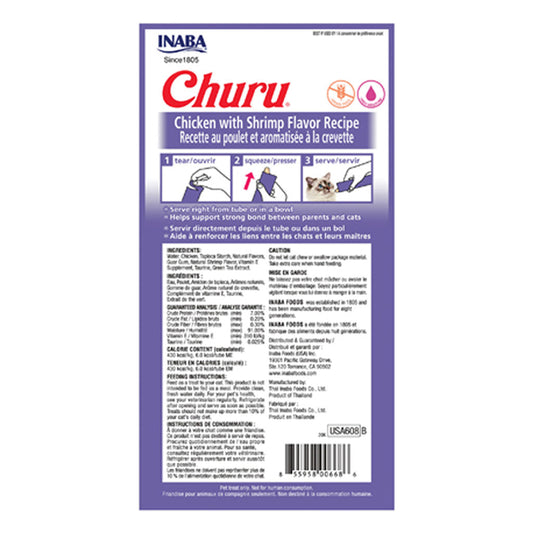 Back of Inaba Churu Chicken with Shrimp Recipe four-pack package showing ingredients and feeding directions