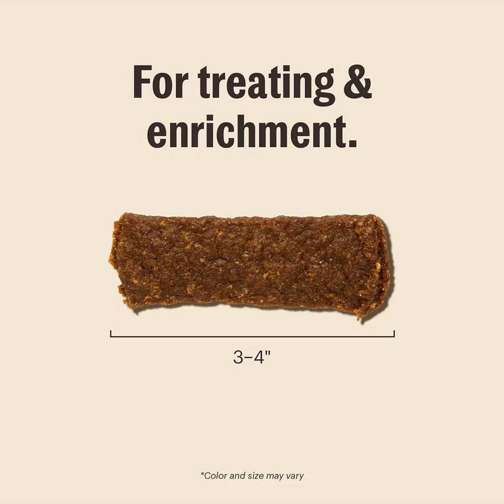 For treating and enrichment. Beef Jerky single. Size 3-4 inches, color and size may vary