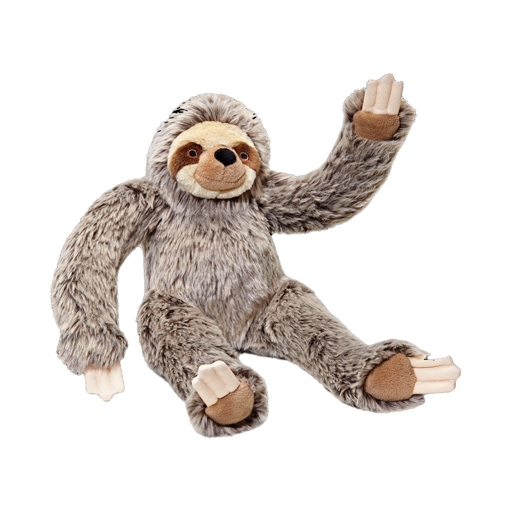 Fluff & Tuff Tico Sloth plush dog toy with shaggy gray fur, a cream face and claws, sitting with one arm raised.