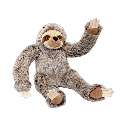 Fluff & Tuff Tico Sloth plush dog toy with shaggy gray fur, a cream face and claws, sitting with one arm raised.
