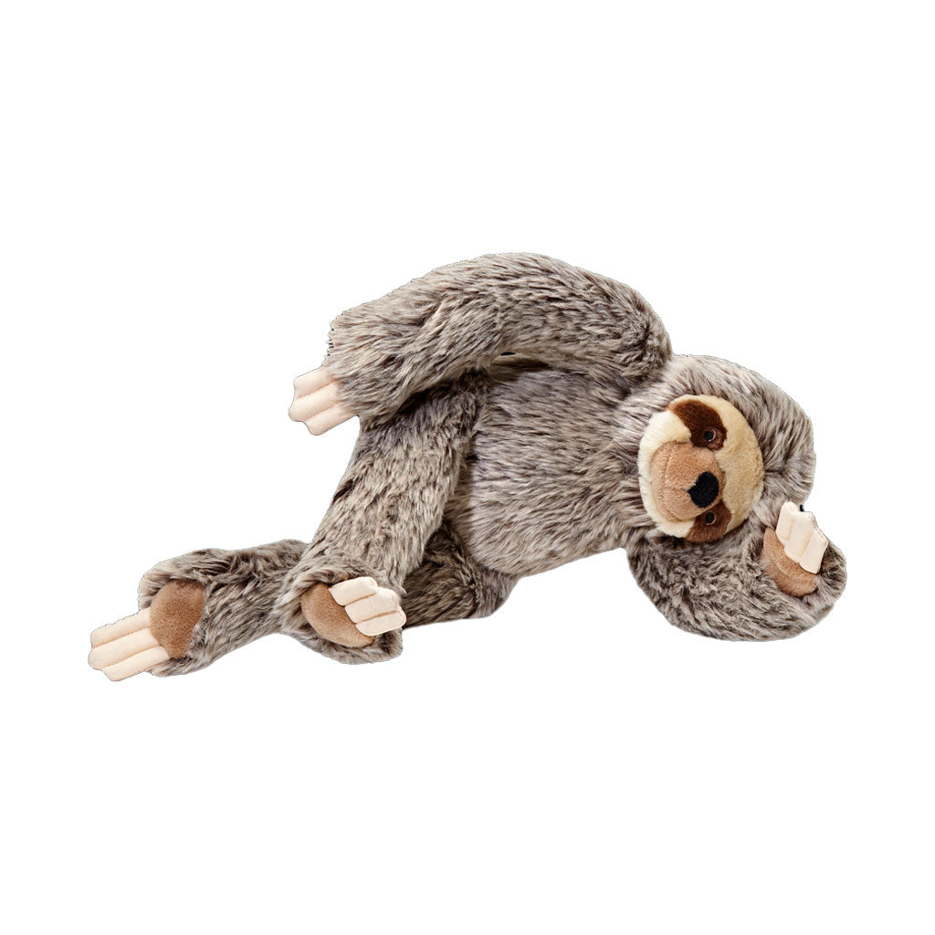 Fluff & Tuff Tico Sloth plush dog toy reclining on a white background with long gray arms and cream claws.