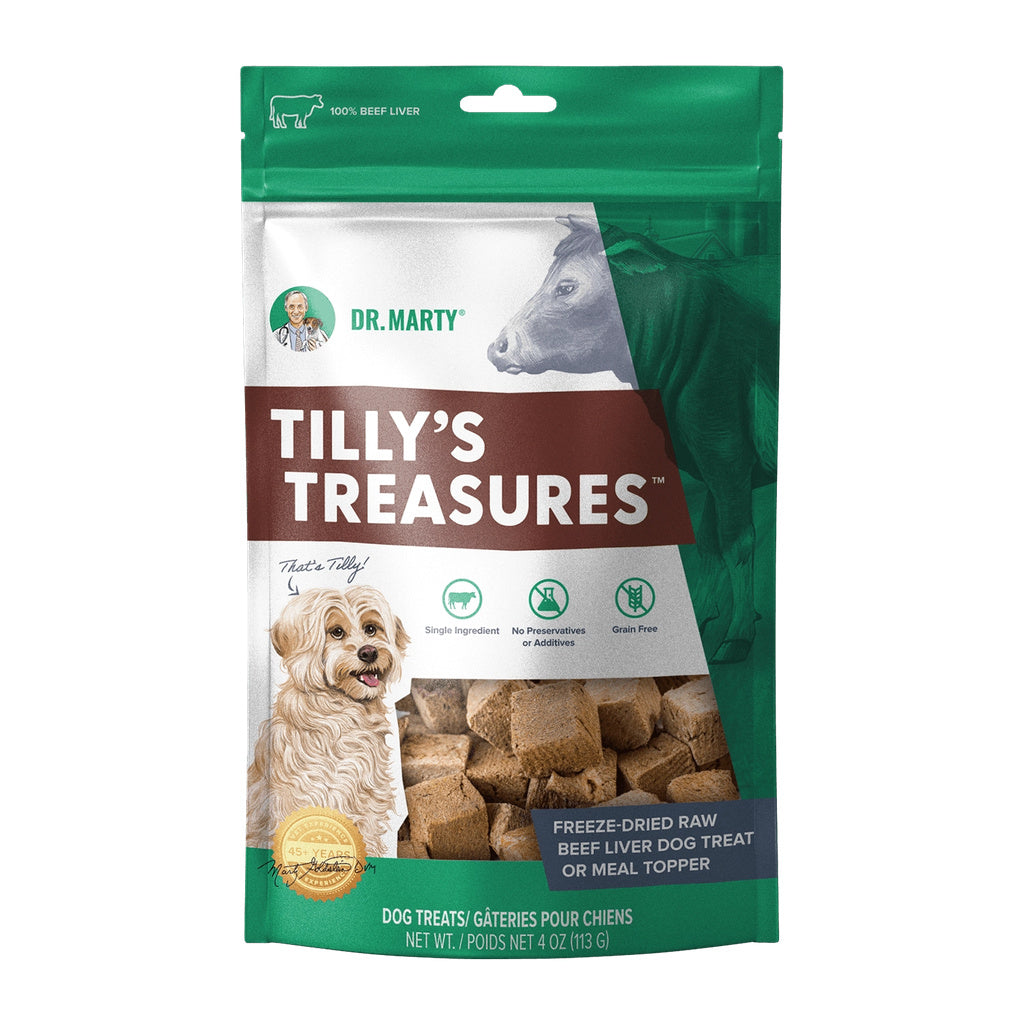 Front of a green 4 oz bag of Dr. Marty Tilly’s Treasures freeze-dried beef liver dog treats, with treat pieces visible through the window.