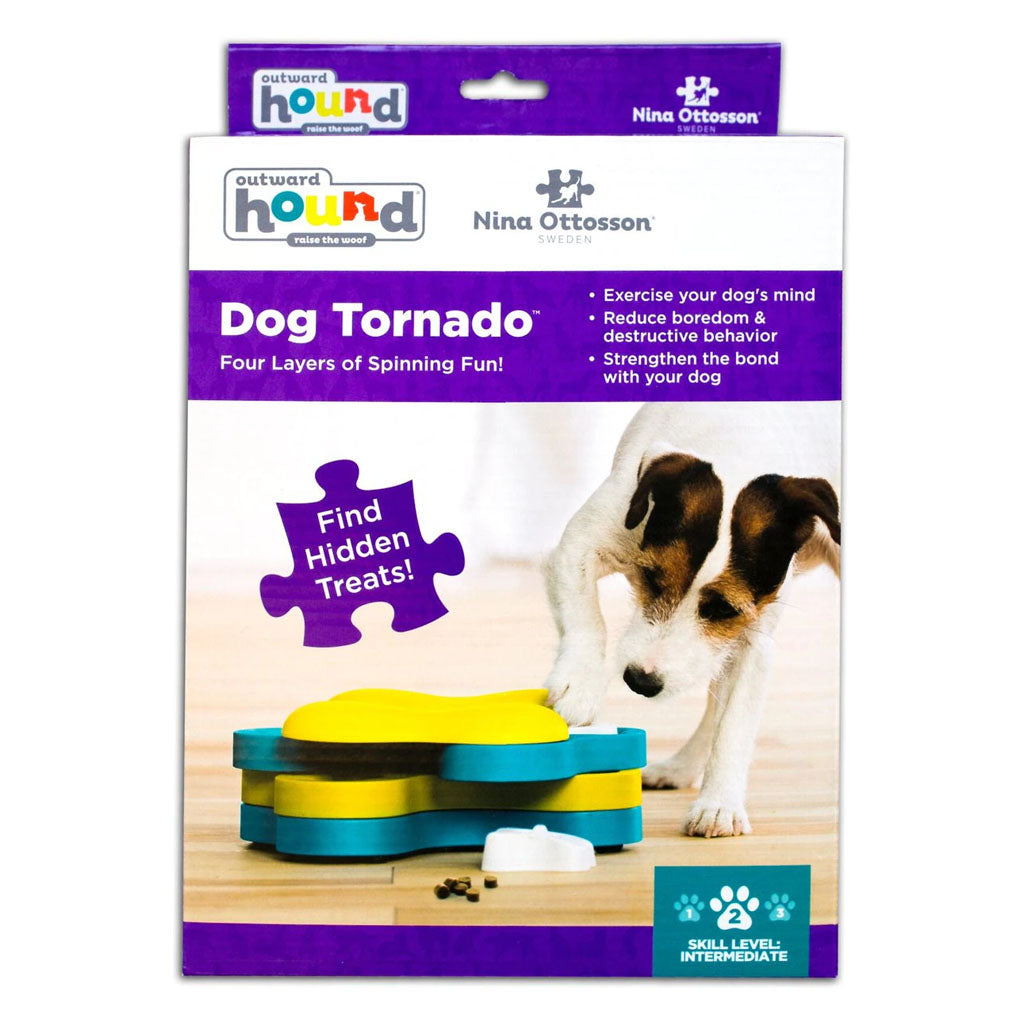 Nina Ottosson by Outward Hound Dog Tornado packaging showing stacked yellow and blue spinning trays and Level 2 intermediate difficulty.