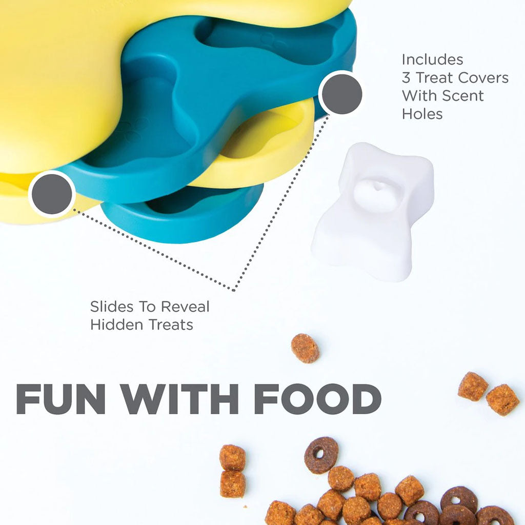 Dog Tornado feature graphic showing rotating trays that reveal hidden treats and three removable white treat covers with scent holes.