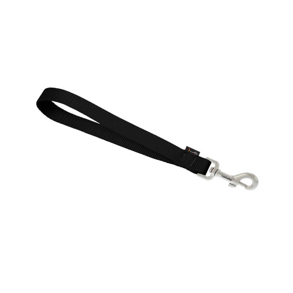 Black Lupine Pet training tab with a short nylon loop handle and silver swivel snap.