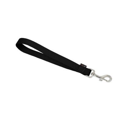 Black Lupine Pet training tab with a short nylon loop handle and silver swivel snap.