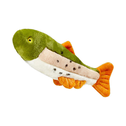 Fluff & Tuff Ruby Rainbow Trout plush dog toy with a green back, spotted pale pink sides, white belly and orange fins.