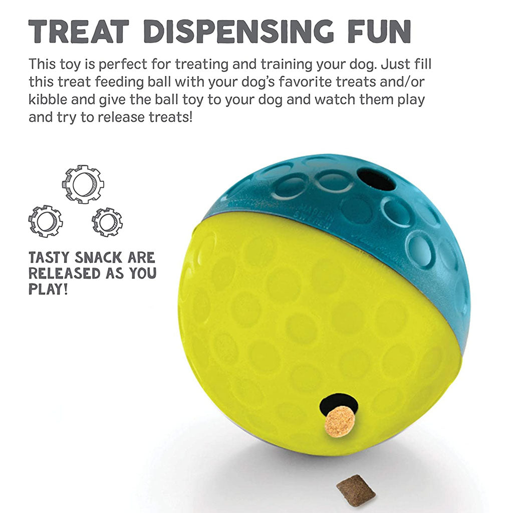Treat Tumble infographic showing a teal and yellow ball dispensing treats, with instructions to fill it with treats or kibble for rolling play.