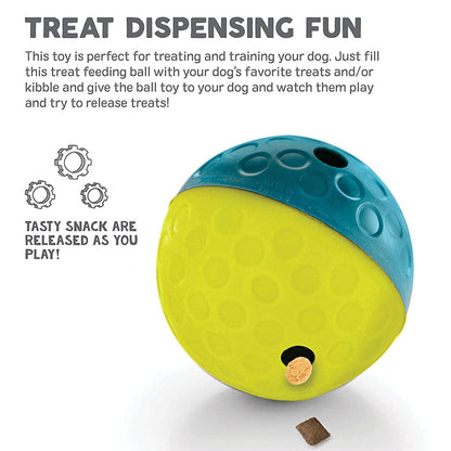 Treat Tumble infographic showing a teal and yellow ball dispensing treats, with instructions to fill it with treats or kibble for rolling play.