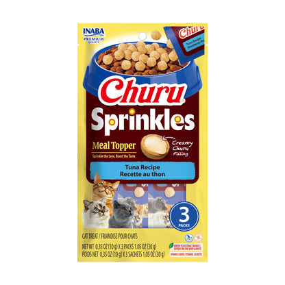 INABA Churu Sprinkles Tuna Recipe cat meal topper, front of 3-pack 1.05 oz bag