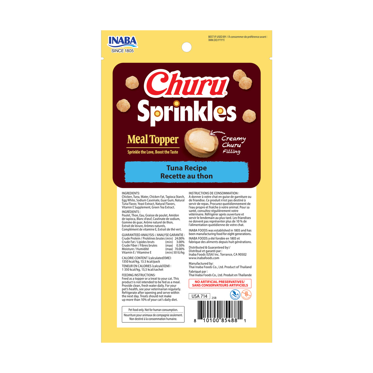 Back of Churu Sprinkles Tuna Recipe bag with ingredients, guaranteed analysis, calories and feeding instructions