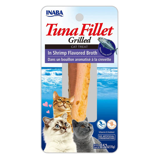 Front of Inaba Grilled Tuna Fillet in Shrimp Broth 0.52-ounce cat treat package