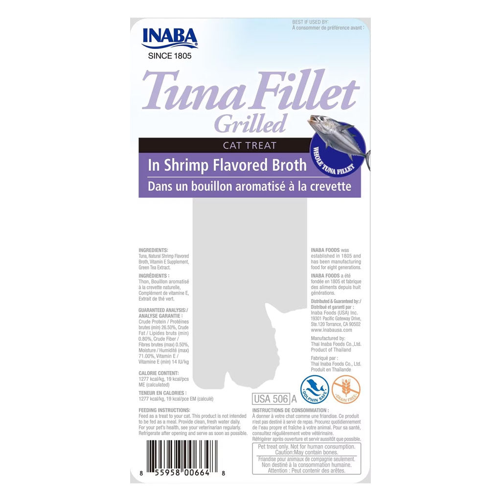 Back of Inaba Grilled Tuna Fillet in Shrimp Broth package showing ingredients and feeding directions