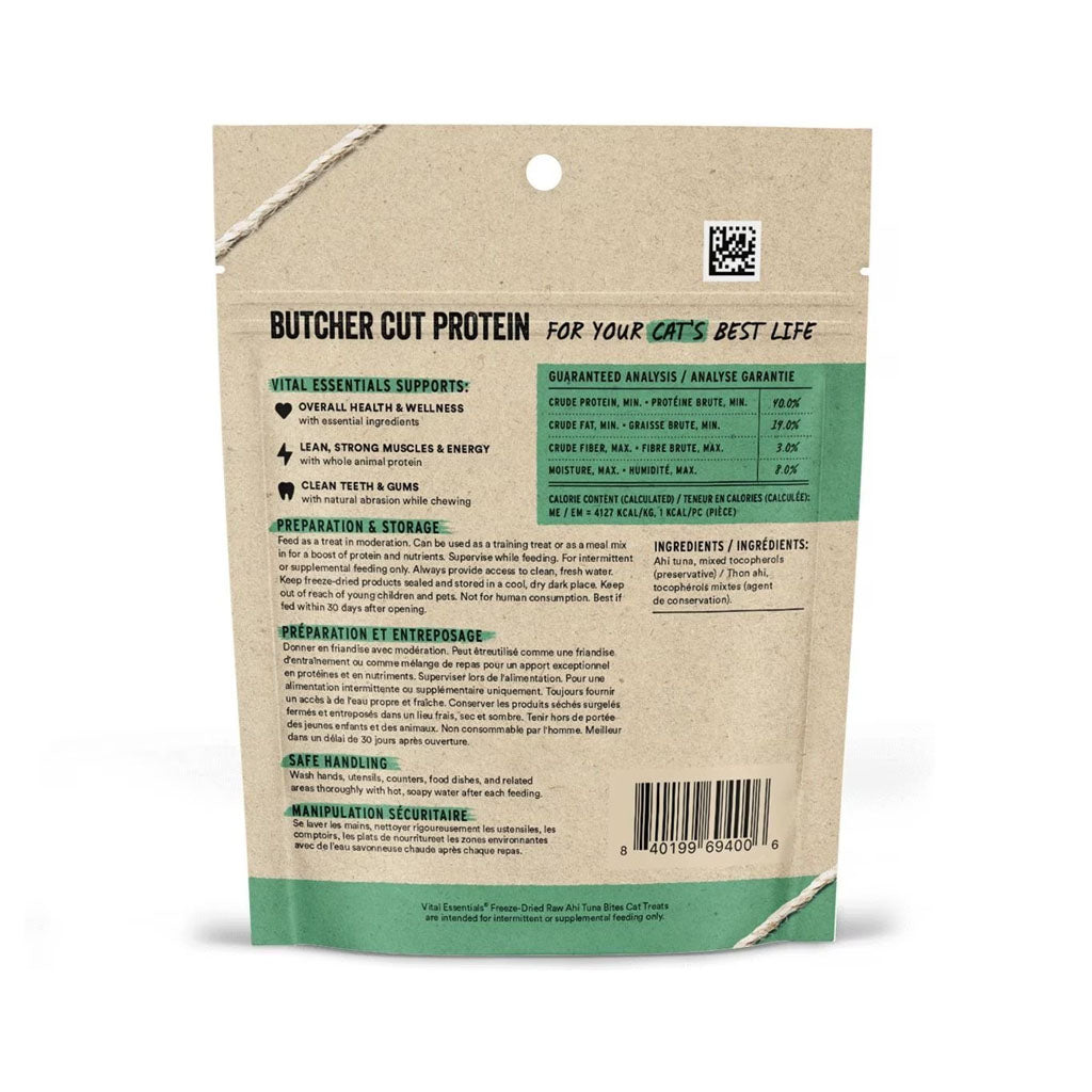 Freeze-dried Ahi Tuna Treat for Cats 1.1oz back of bag. 