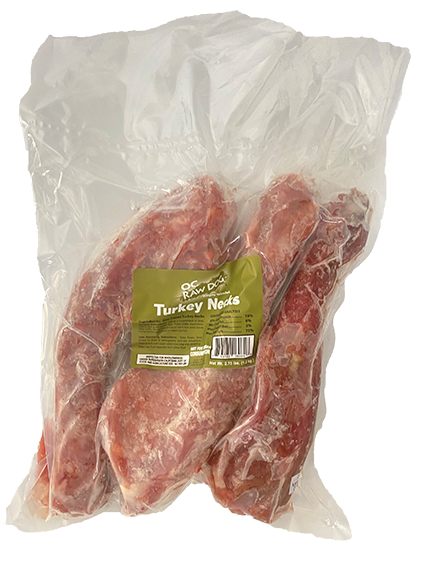 OC Raw frozen turkey necks in a clear 2.75 lb bag with a green label