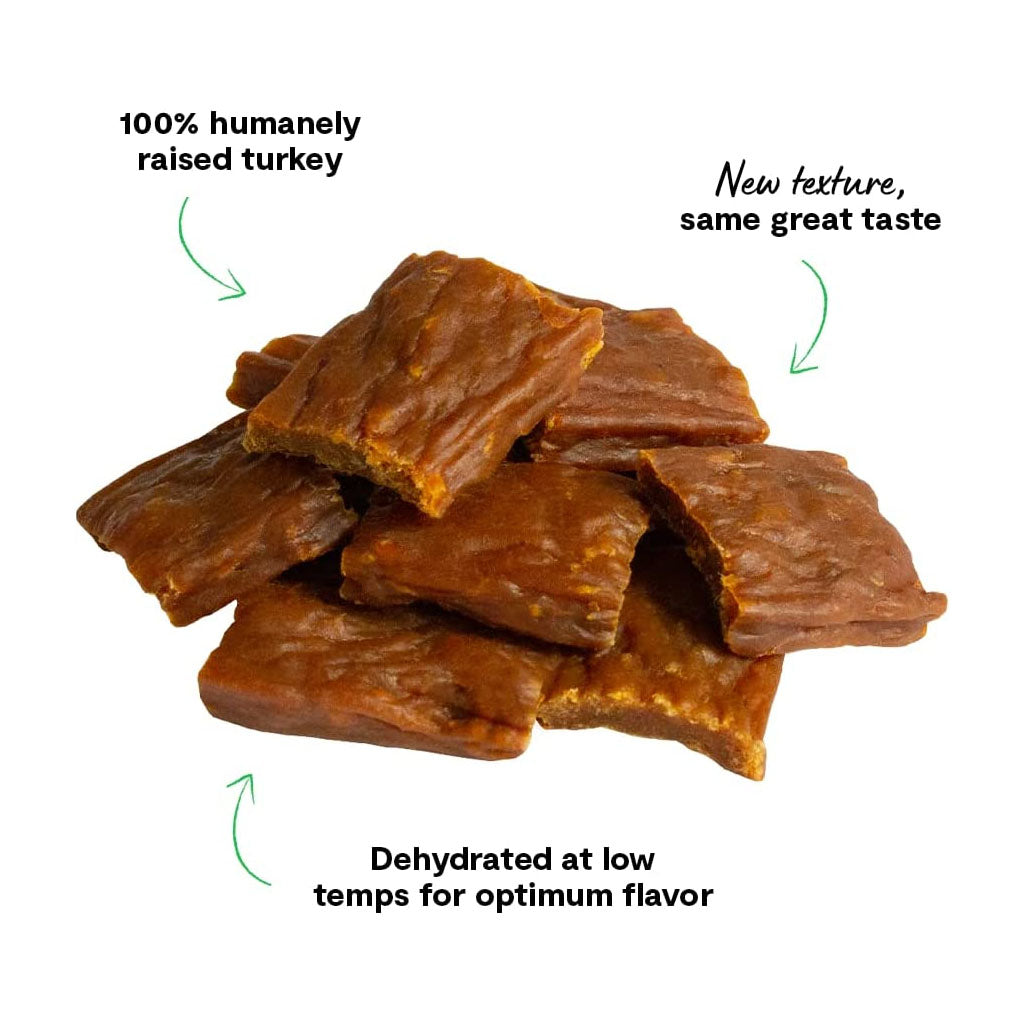 Dehydrated Turkey Treats 4.5oz new texture. Dehydrated at low temperatures.