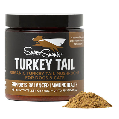 Super Snouts Turkey Tail organic mushroom supplement jar beside a mound of golden-brown powder, on white.