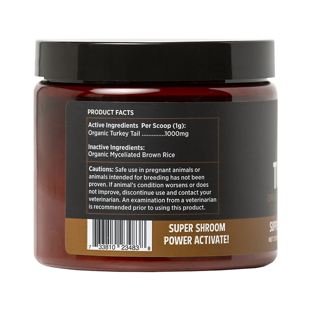 Side of the Super Snouts Turkey Tail jar showing organic turkey tail product facts, inactive ingredients, cautions and barcode.
