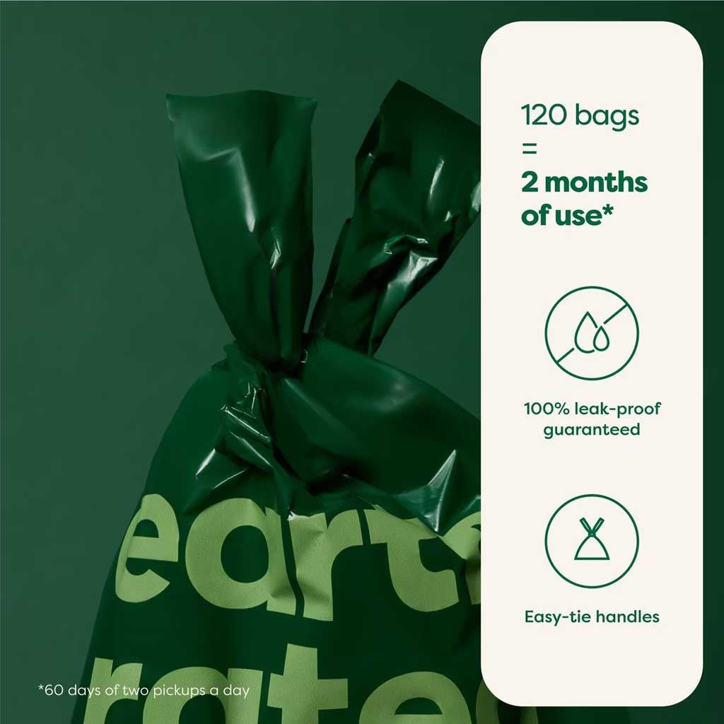 Earth Rated handle bag graphic showing tied handles and noting 120 leak-proof bags provide two months of use at two pickups daily