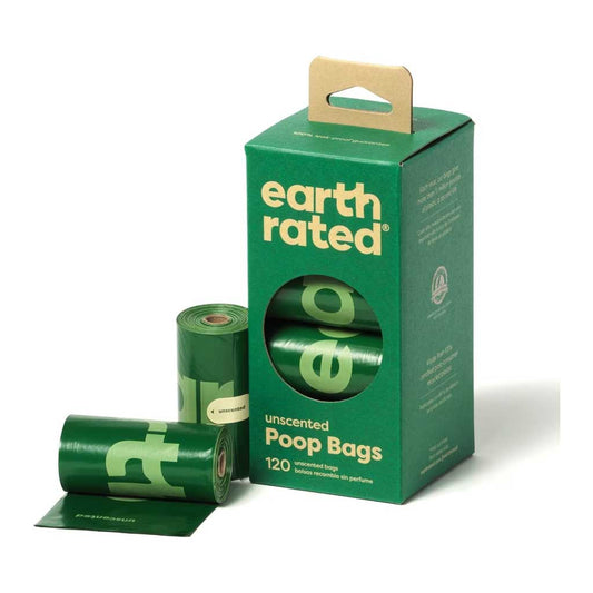 Earth Rated unscented dog poop bags, 120-count green box with two rolls displayed beside it