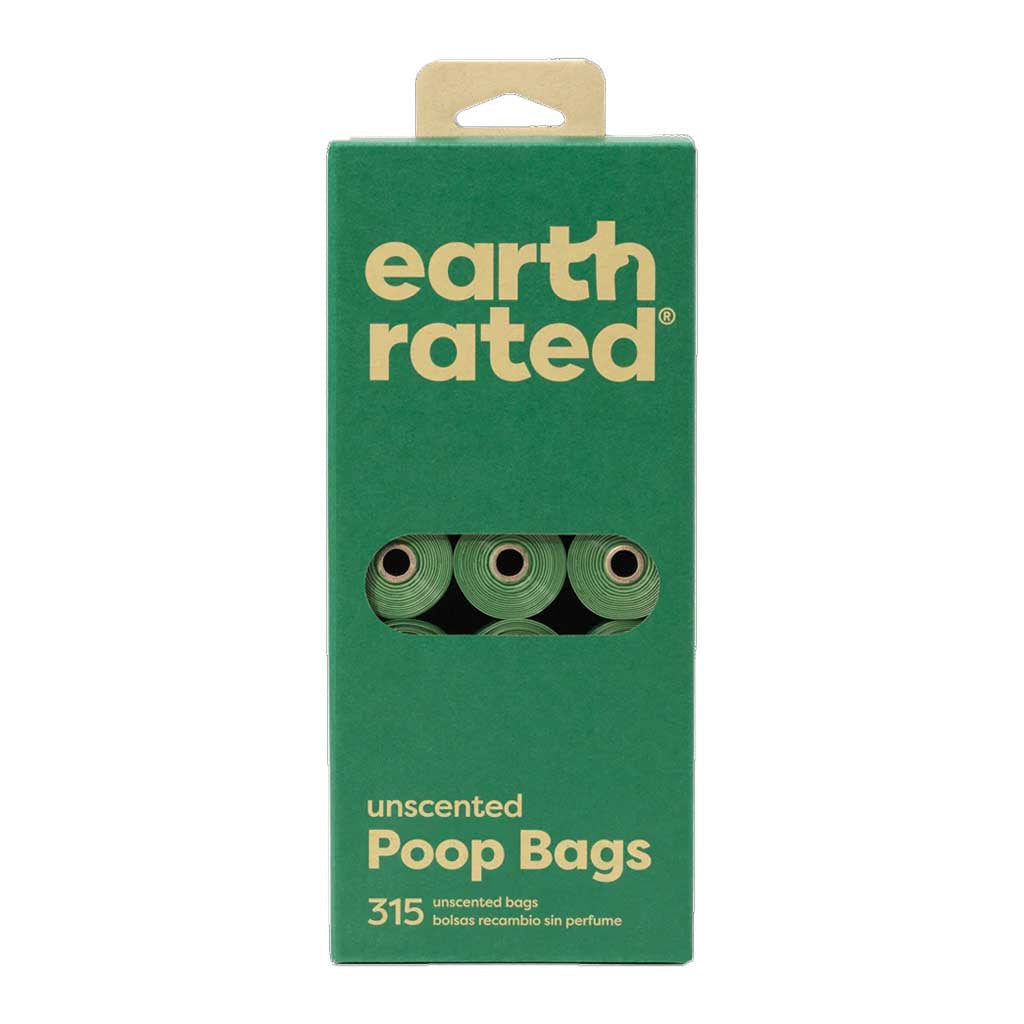 Front of Earth Rated unscented dog poop bags, 315-count green box with rolls visible through the window