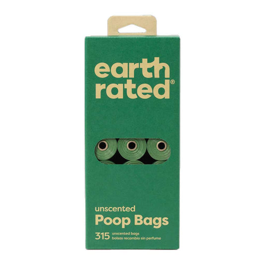 Front of Earth Rated unscented dog poop bags, 315-count green box with rolls visible through the window