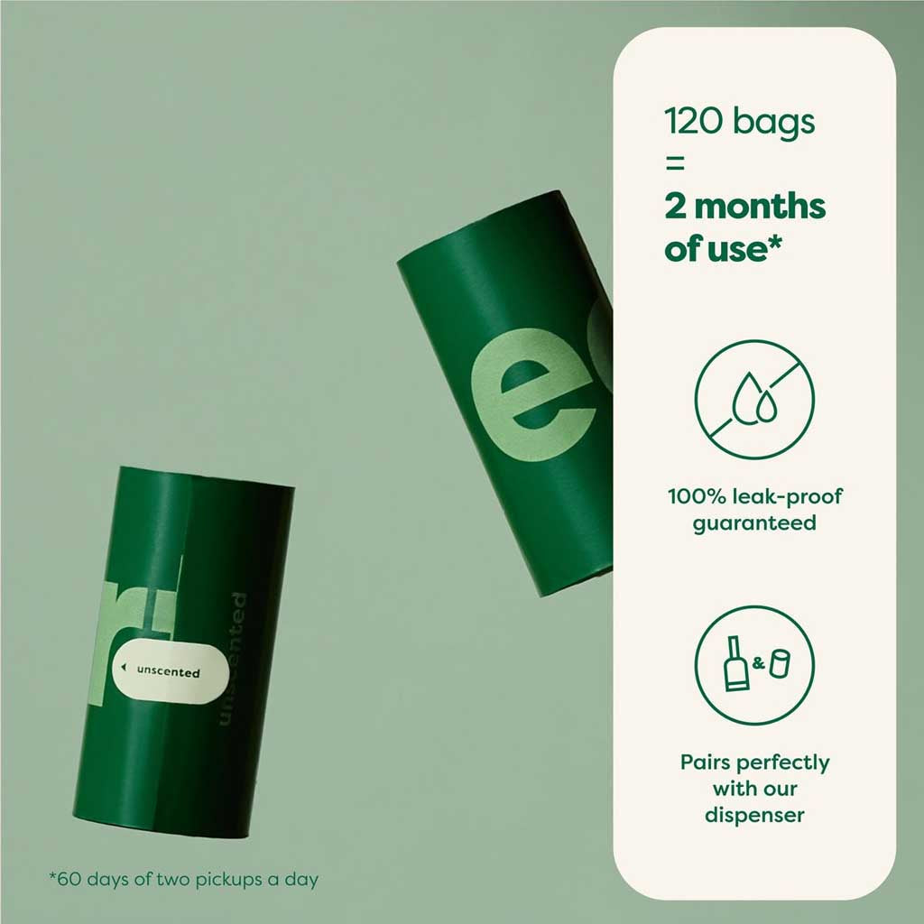 Earth Rated unscented bag graphic: 120 bags provide two months of use at two pickups daily, with leak-proof bags compatible with the dispenser
