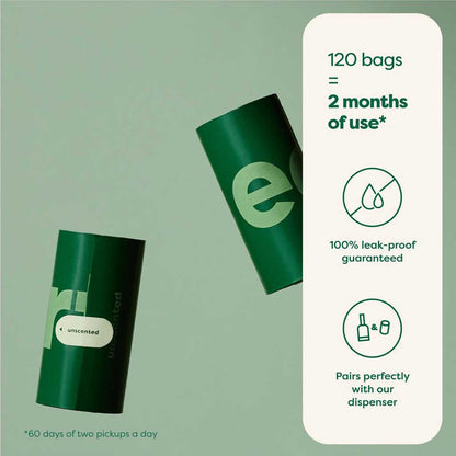 Earth Rated unscented bag graphic: 120 bags provide two months of use at two pickups daily, with leak-proof bags compatible with the dispenser