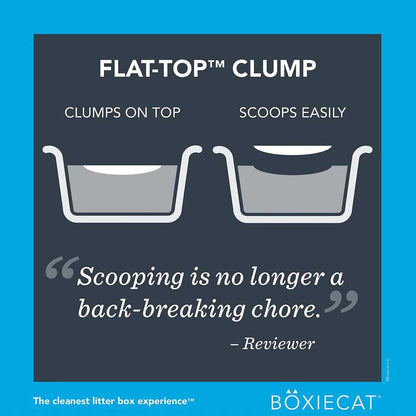 Boxiecat unscented litter diagram showing a flat-top clump forming on the litter surface and lifting out easily for scooping.