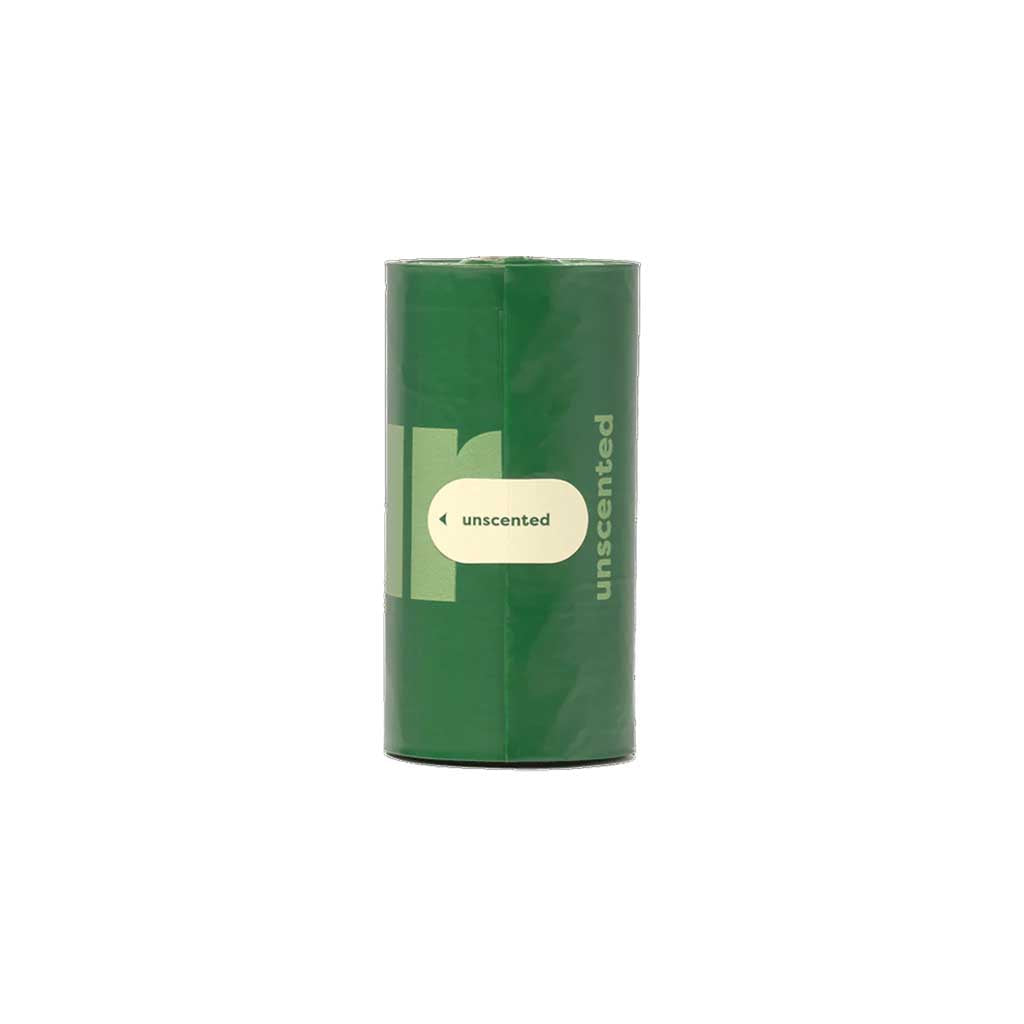 Green roll of Earth Rated unscented dog poop bags on a white background