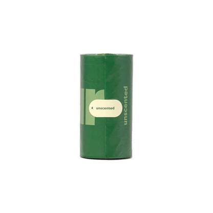 Green roll of Earth Rated unscented dog poop bags on a white background