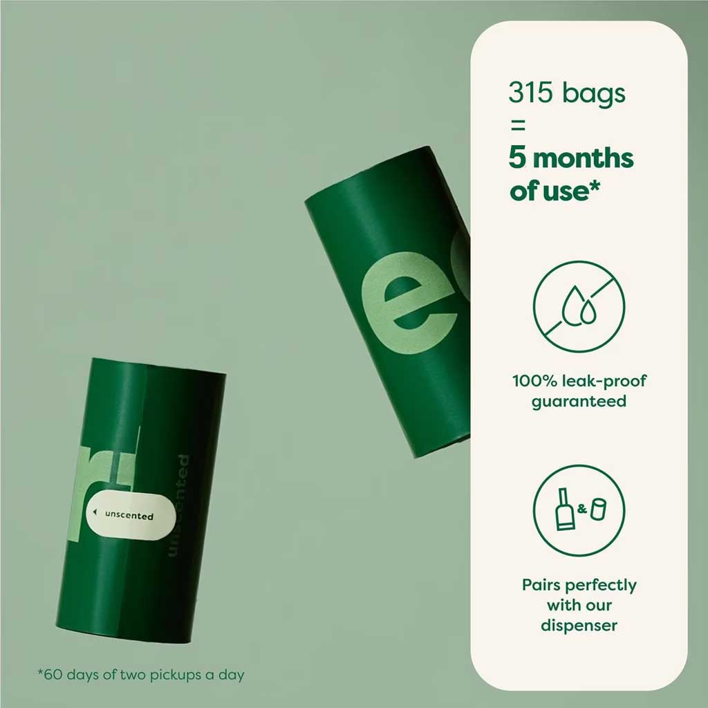 Earth Rated unscented bag graphic: 315 bags provide about five months of use at two pickups daily, with leak-proof bags compatible with the dispenser