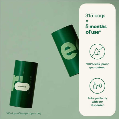 Earth Rated unscented bag graphic: 315 bags provide about five months of use at two pickups daily, with leak-proof bags compatible with the dispenser