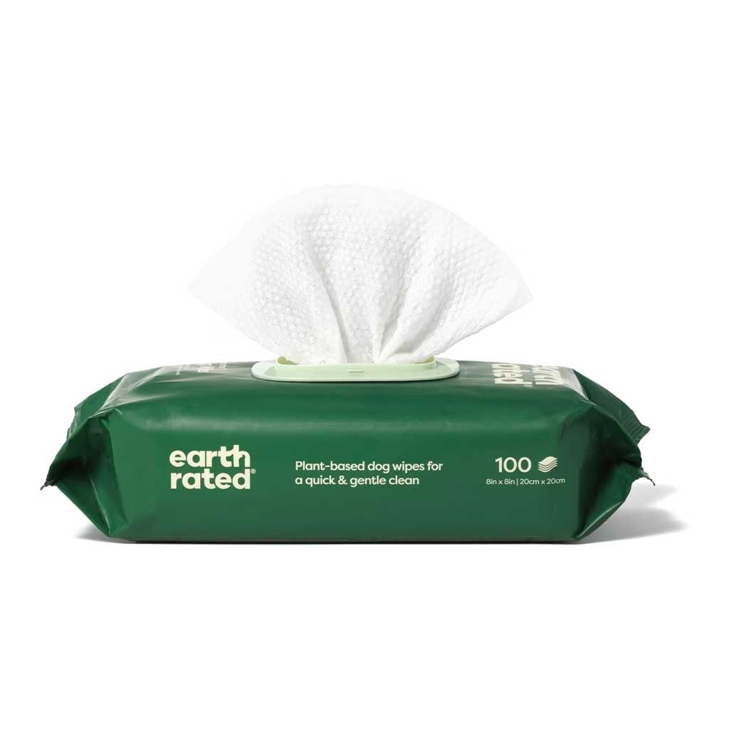 Earth Rated unscented plant-based dog wipes, 100-count green resealable pack with a white wipe pulled out