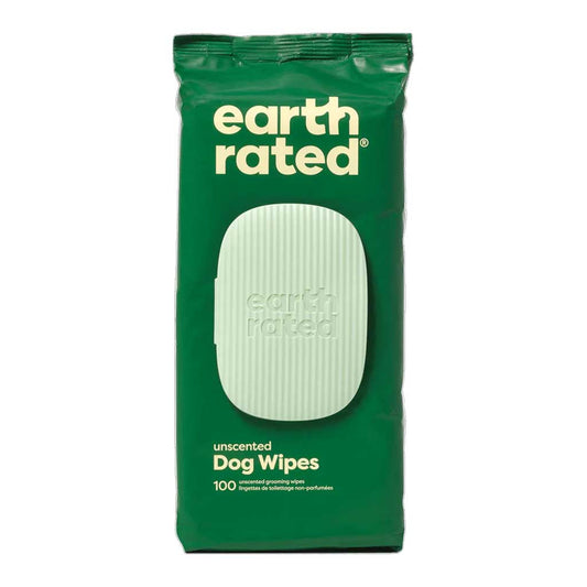 Top view of Earth Rated unscented dog wipes, 100-count green pack with a light green resealable lid