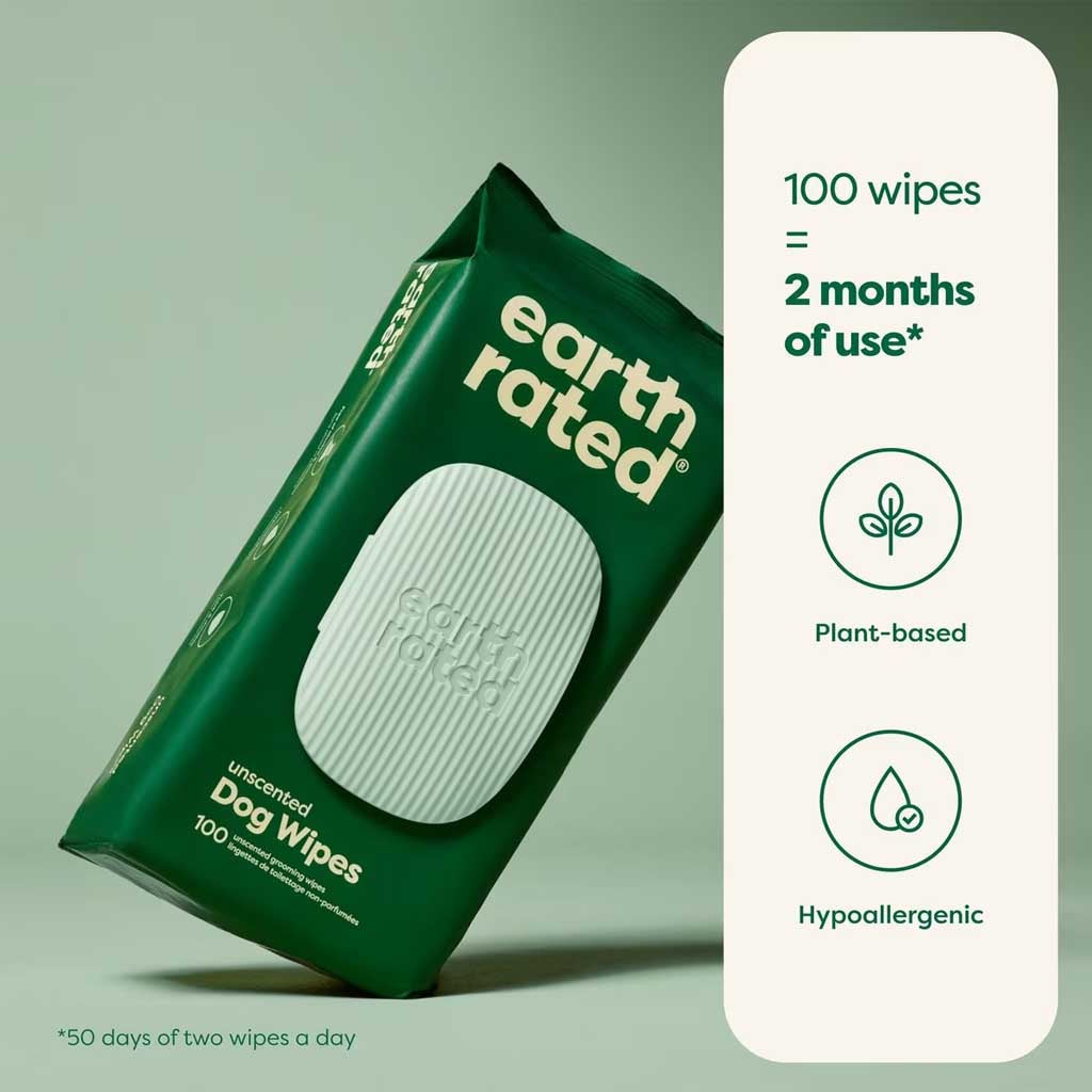 Earth Rated unscented wipes graphic highlighting plant-based, hypoallergenic wipes and 100 wipes for 50 days at two wipes daily
