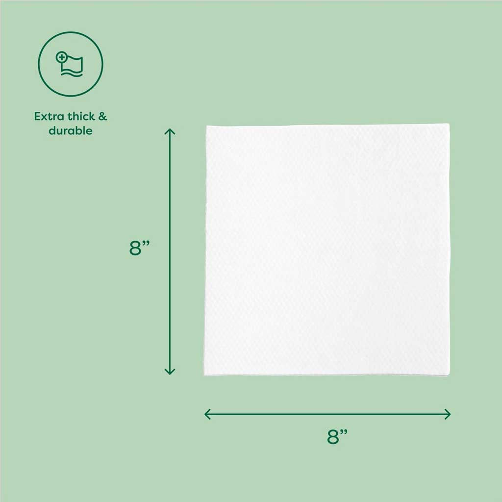 Earth Rated white dog wipe with dimension arrows showing 8 by 8 inches and an extra-thick, durable callout