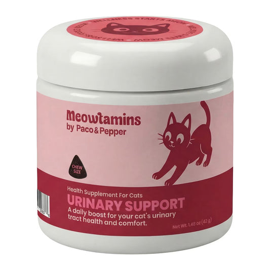Paco and pepper Meowtamins urinary support health supplement for cats. A daily boost for your cat's urinary tract health and comfort. 1.48oz jar