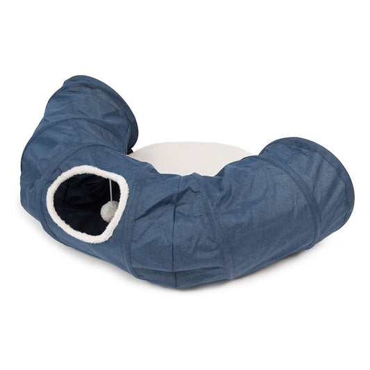 Blue Catit Vesper curved cat tunnel with a white-trimmed side opening, dangling plush ball, and cream center cushion.