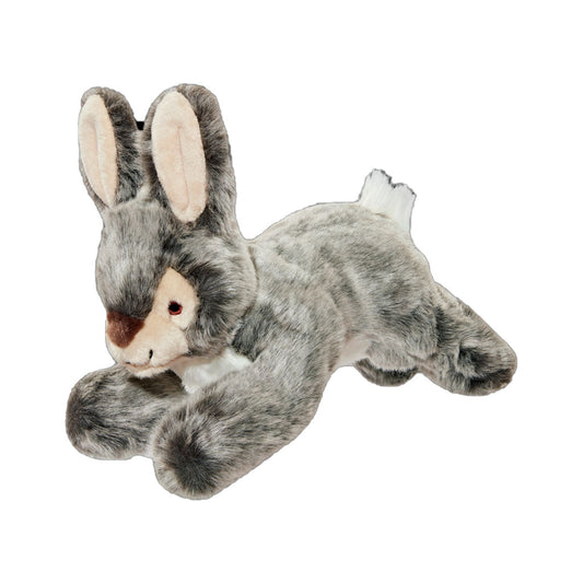 Fluff & Tuff Walter Wabbit plush dog toy with mottled gray fur, upright cream-lined ears and a white tail.