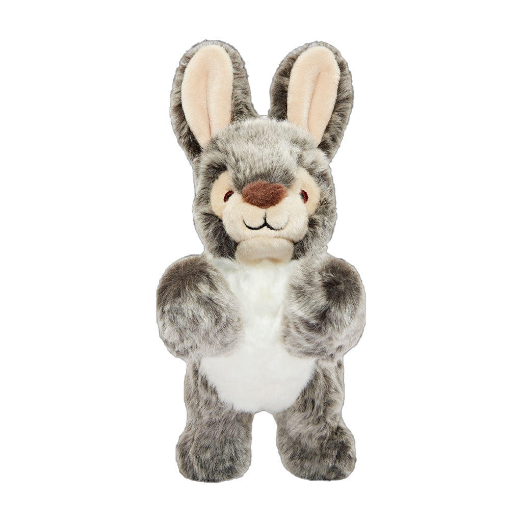 Front view of Fluff & Tuff Walter Wabbit plush dog toy standing upright with long ears, a brown nose and white belly.