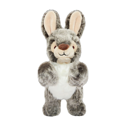 Front view of Fluff & Tuff Walter Wabbit plush dog toy standing upright with long ears, a brown nose and white belly.