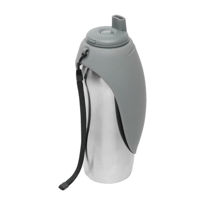Messy Mutts stainless steel travel water bottle with a folded gray silicone drinking bowl, gray cap, and black carrying strap.