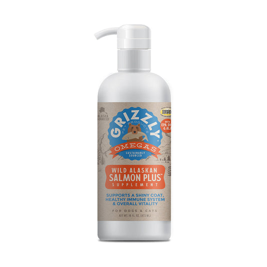 Grizzly Wild Alaskan Salmon Plus oil supplement pump bottle for dogs and cats
