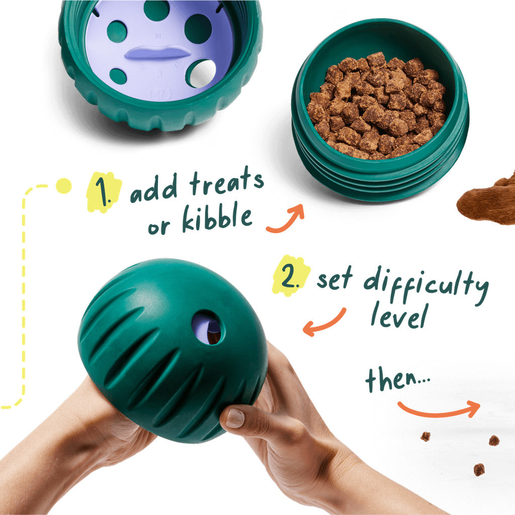 Woof Walkabout setup instructions showing the opened toy filled with kibble and hands adjusting its purple difficulty dial.
