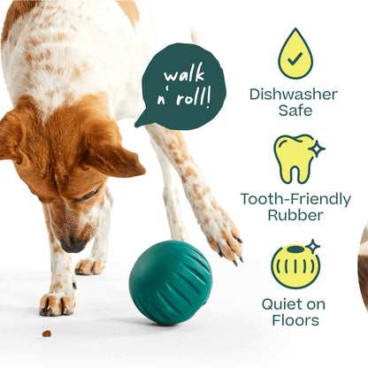 Dog pawing a green Woof Walkabout, with icons describing dishwasher-safe, tooth-friendly rubber and quiet-on-floor features.