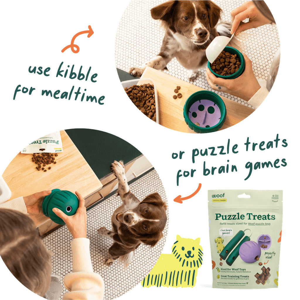 Woof Walkabout shown being filled with kibble or Puzzle Treats while a brown-and-white dog watches, illustrating meals and puzzle play.