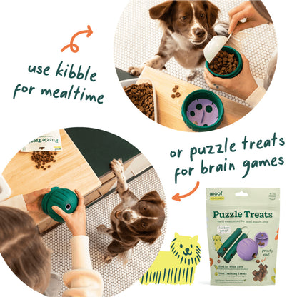 Woof Walkabout shown being filled with kibble or Puzzle Treats while a brown-and-white dog watches, illustrating meals and puzzle play.